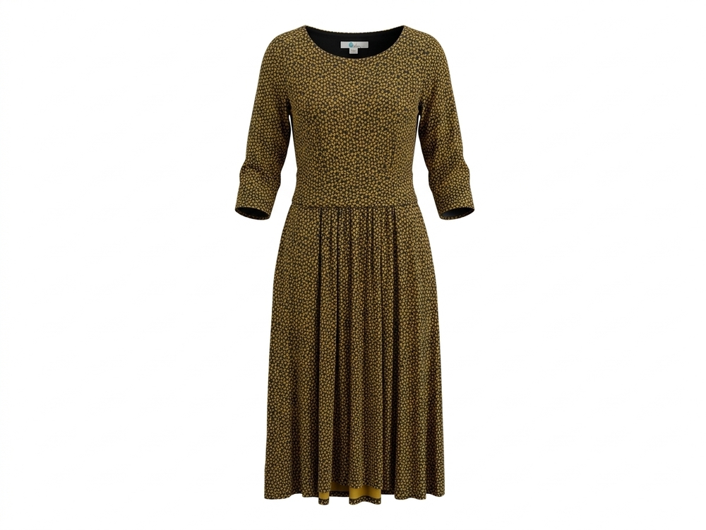 Boden navy and yellow floral print midi dress with 3/4 sleeves and gathered wais